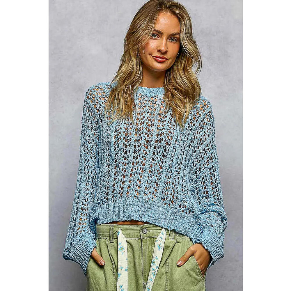 Pol Openwork Round Neck High Low Knit Top